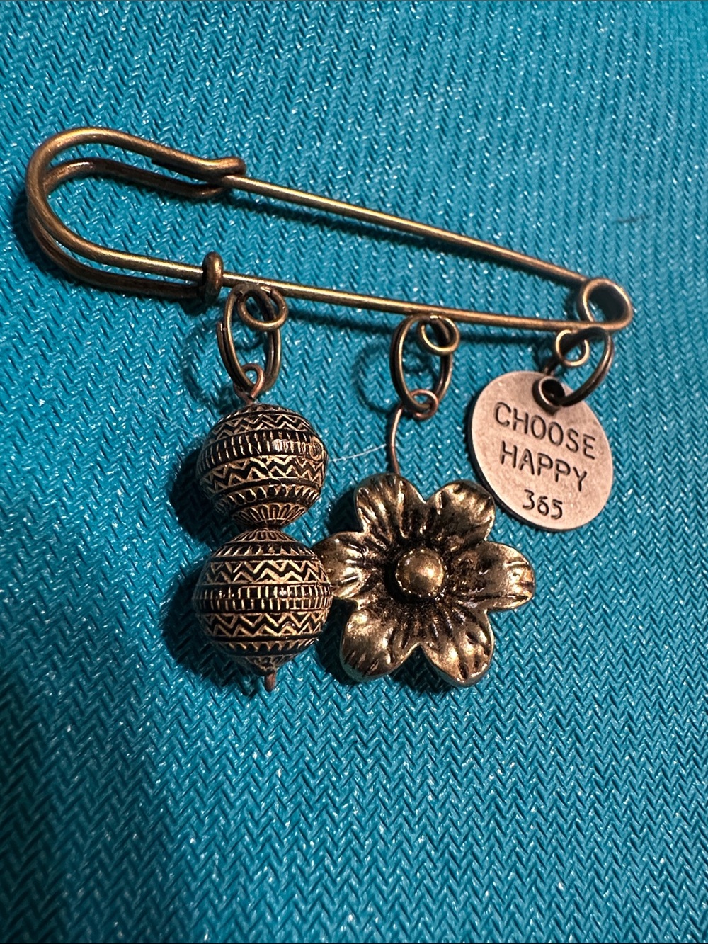 Choose Happy Bronze Charm Safety Pin Brooch - Inspirational Flower & Bead Accent